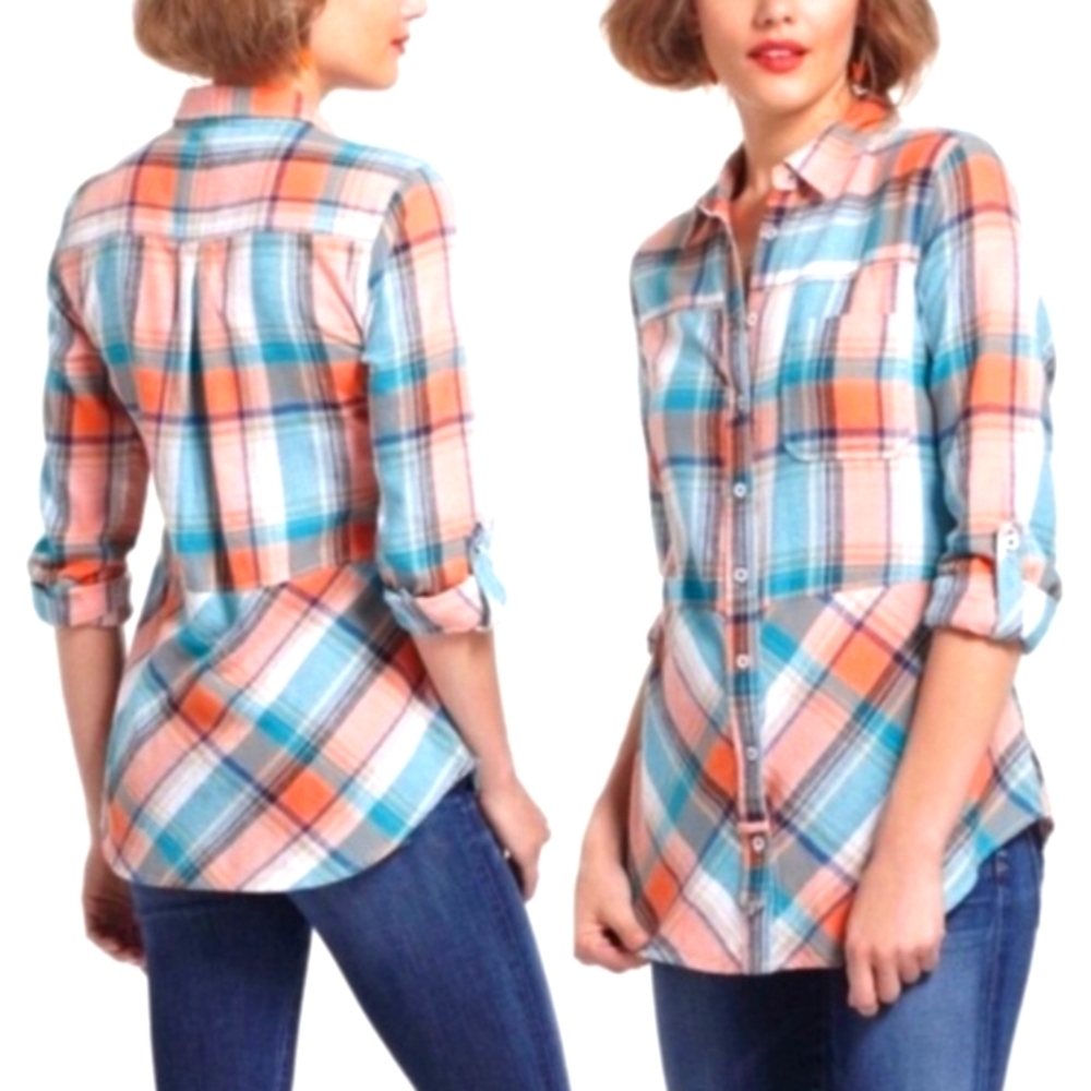 NEW WITH TAGS Anthropologie Holding Horese Plaid Button-Up Shirt Blue and Orange